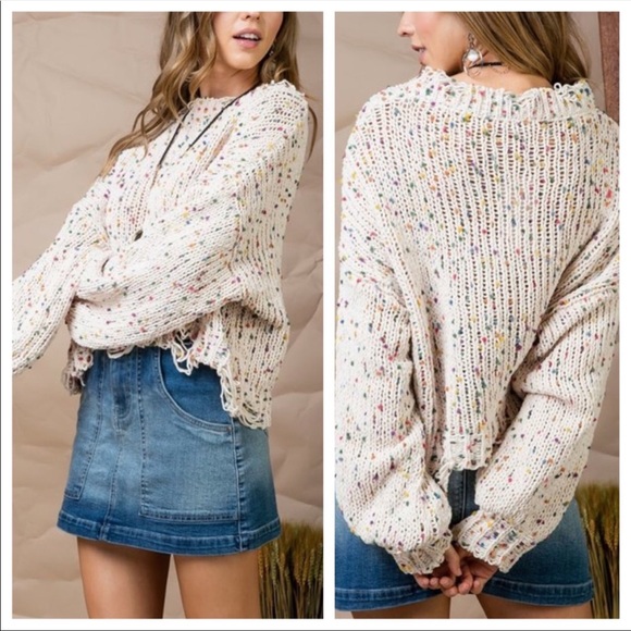 πHPπ Cream Cropped Confetti Distressed Sweater - Picture 4 of 8